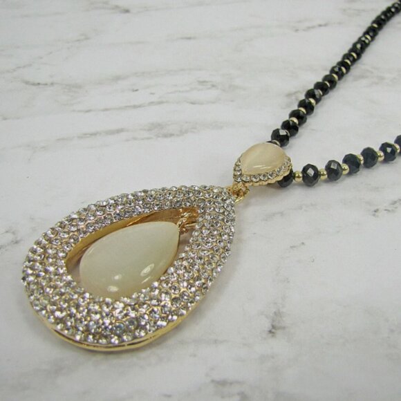 Large White Cat Eye Stone Pendant Necklace w/ Clear Crystals, blacl glass beads - Picture 5 of 7